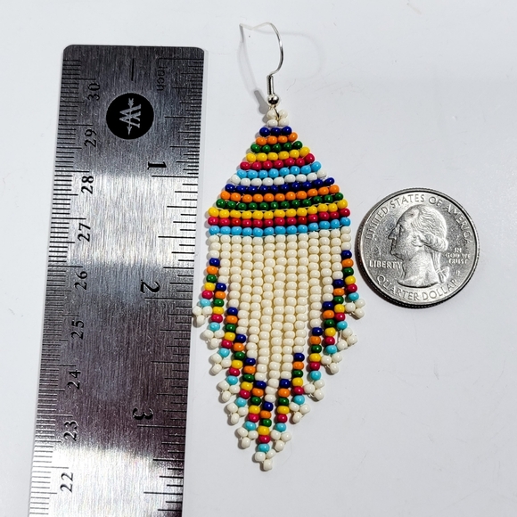 Handmade Off White Tribal Seed Bead Fringe Earrings - Picture 3 of 5